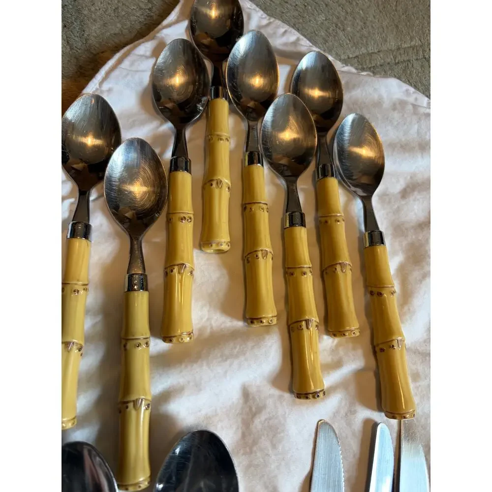 28 Mixed Pc Faux Bamboo Handle Flatware Mixed Lot Yellow Stainless China Tiki